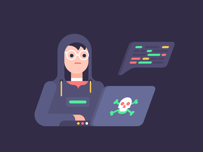 Cartoon hacker with a skull laptop representing a data leak threat