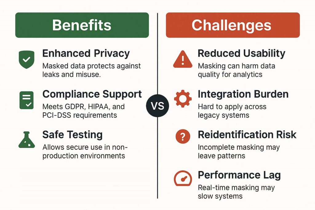 Infographic comparing the benefits and challenges of data masking in a side-by-side layout.