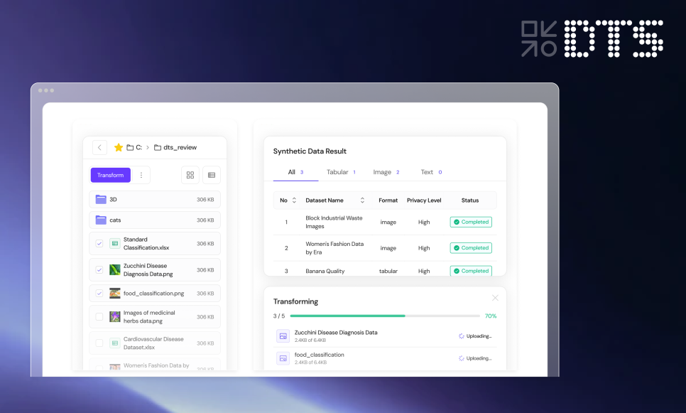 dts synthetic data result dashboard ui