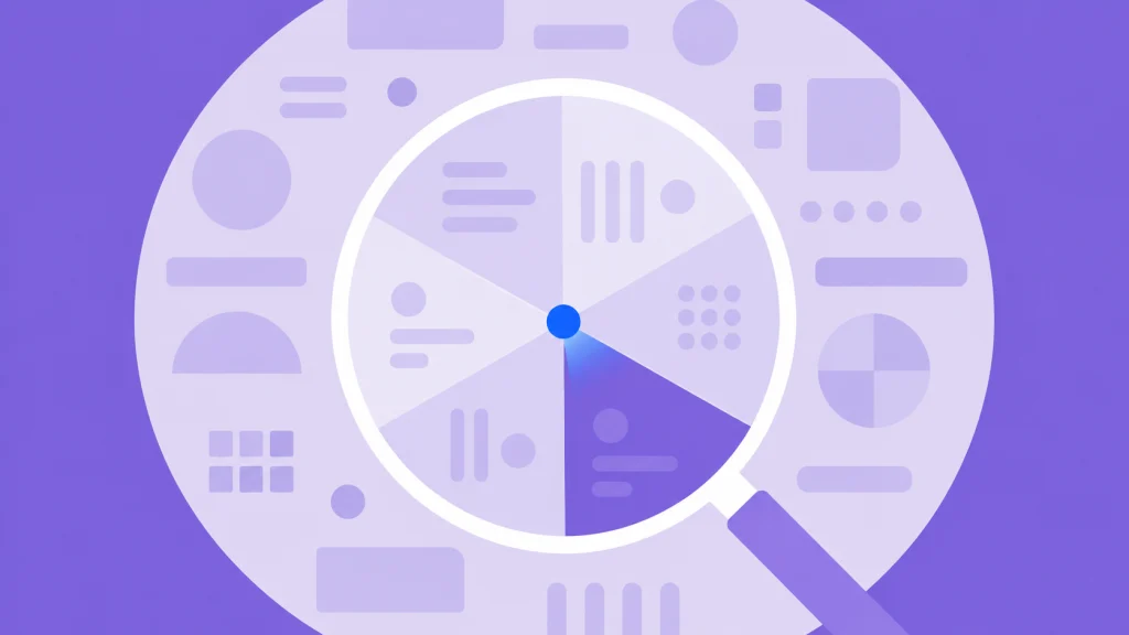 A magnifying glass over a pie chart divided into six segments, surrounded by data elements.