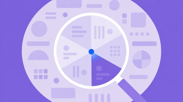 A magnifying glass over a pie chart divided into six segments, surrounded by data elements.