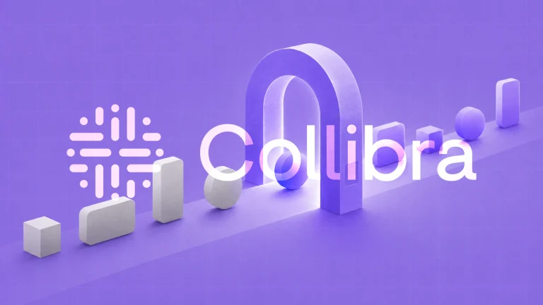 The Collibra wordmark beside an arch and blocks on a purple background.