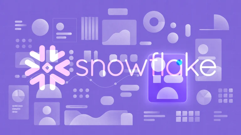 The Snowflake wordmark among shapes and chart icons on a purple background.