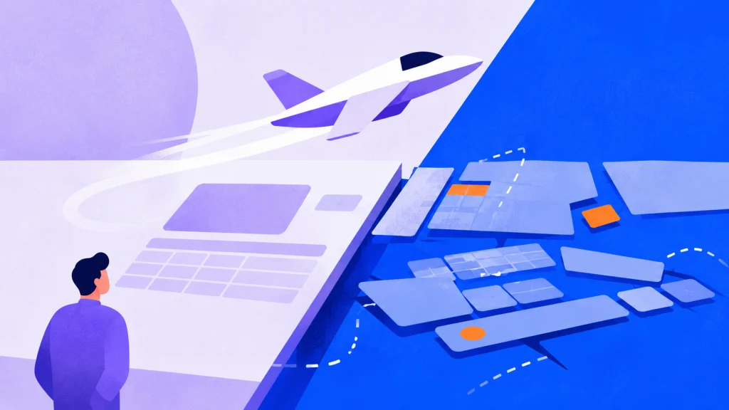 A person watches a plane take off while data panels scatter across the ground below, showing AI that breaks after launch.