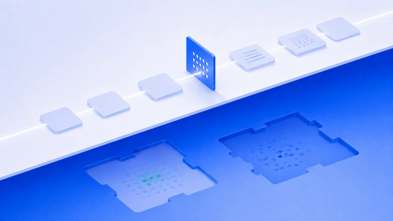 Data tiles move along a bright upper track while recessed panels sit out of view below.
