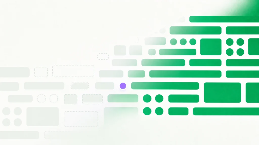Gray placeholder blocks on the left turn into structured green blocks on the right.