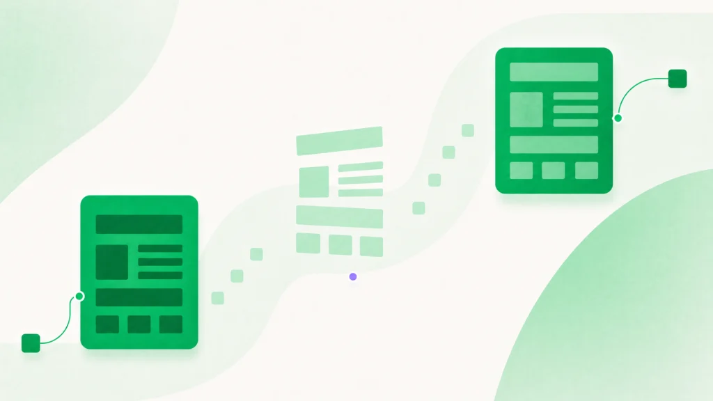 A green document becomes a lighter working version and returns as a completed document on the right.