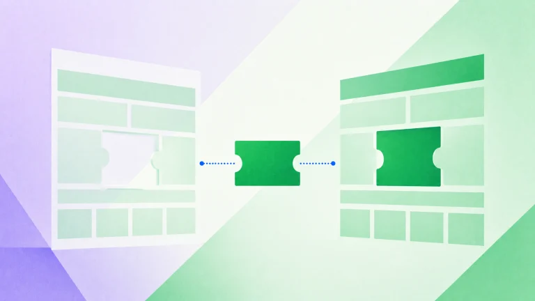 Two green spreadsheets connected by a ticket-shaped piece that moves from one into a matching gap in the other.