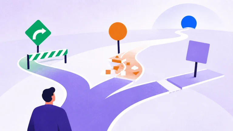 A person faces a road that splits into three paths, each one stopped by a different sign.
