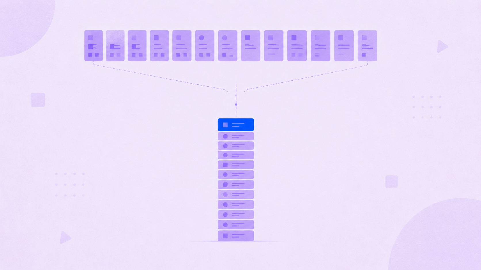 Minimal geometric illustration of a wide row of data blocks narrowing into a tall stack of smaller data blocks