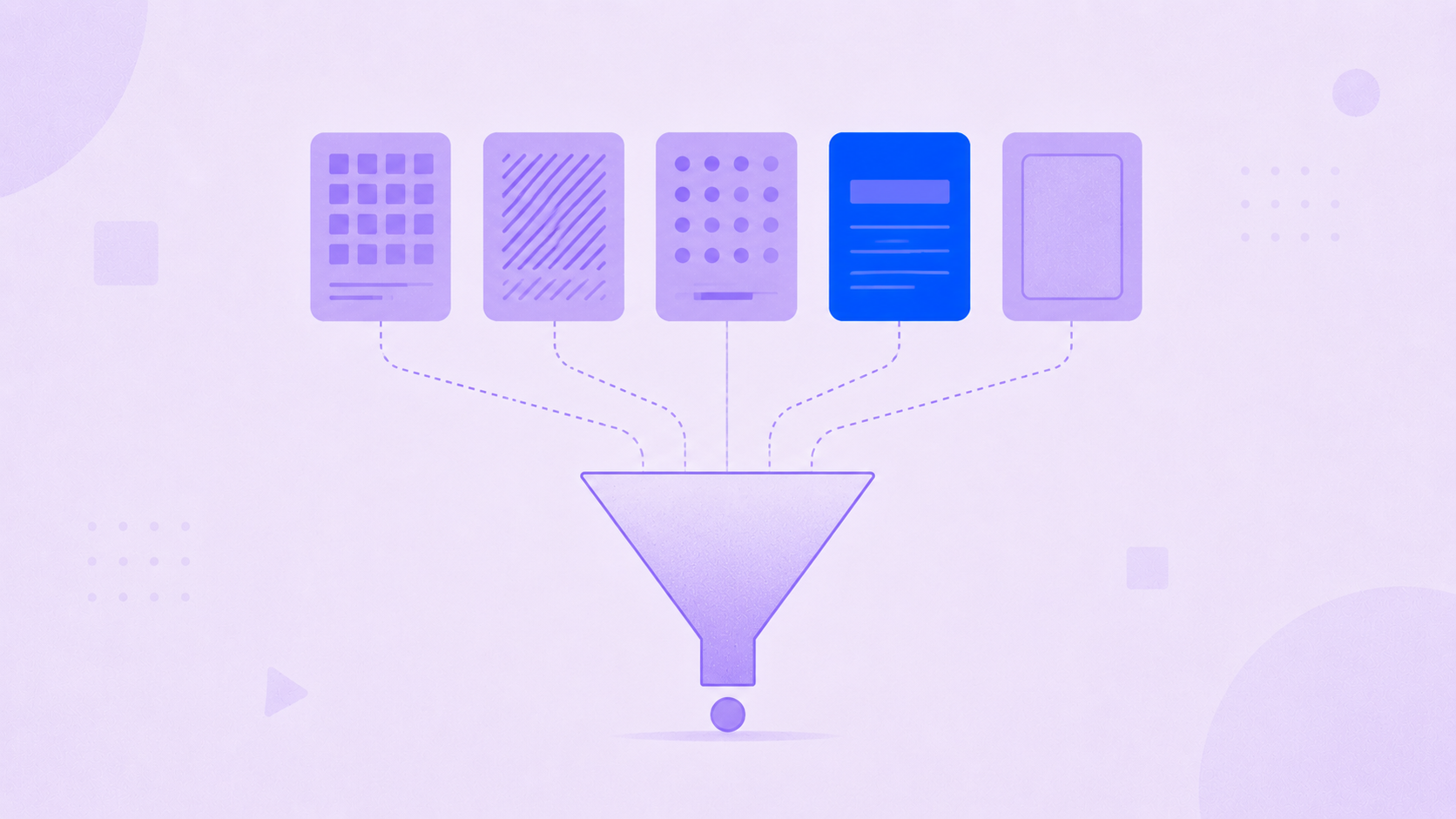 Minimal geometric illustration of five mismatched data-block cards converging into a funnel shape