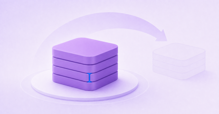A sealed purple data state on a release platform connects through a rebuild arc to a ghosted future state.