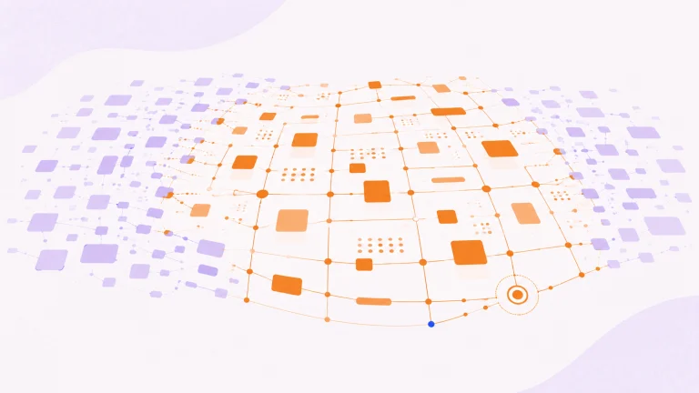 A curved grid of nodes with orange blocks placed along its structure.