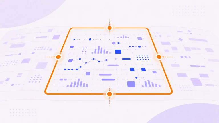 An orange frame with four handles encloses a cluster of charts and data points.