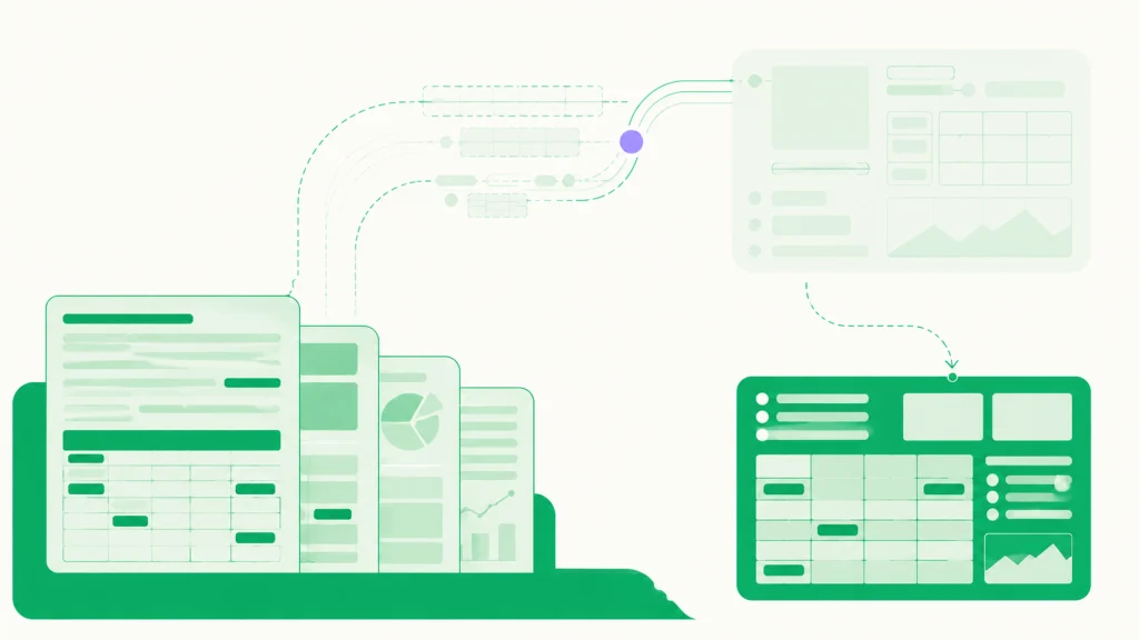 Financial documents and spreadsheets flow through a pipeline into a structured dashboard with tables and charts.