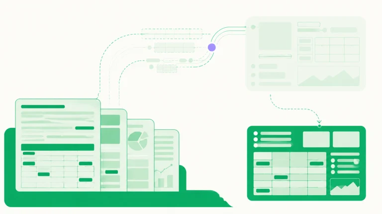 Financial documents and spreadsheets flow through a pipeline into a structured dashboard with tables and charts.