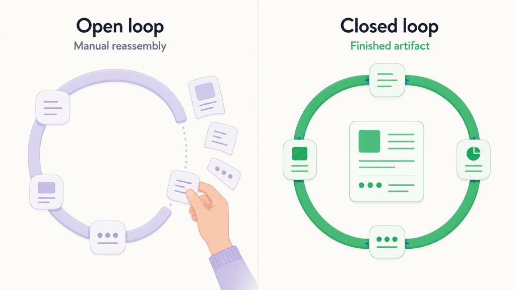 Illustration contrasting an open loop that needs manual reassembly with a closed loop that returns a finished artifact