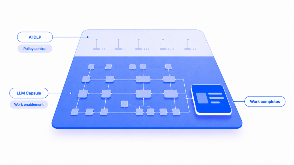 AI DLP and LLM Capsule run together — the control blocks disallowed traffic while LLM Capsule enables confidential work to complete