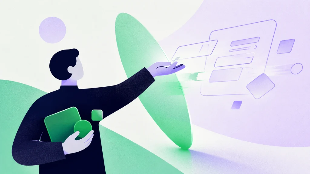 A person holds green items back while lighter data panels move toward a model on the right.