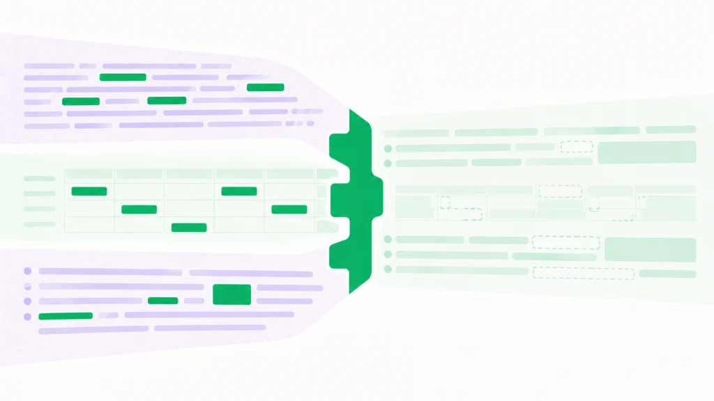 Retrieved text passages pass through a green connector into new documents, with some fields left as placeholders.