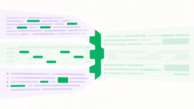 Retrieved text passages pass through a green connector into new documents, with some fields left as placeholders.