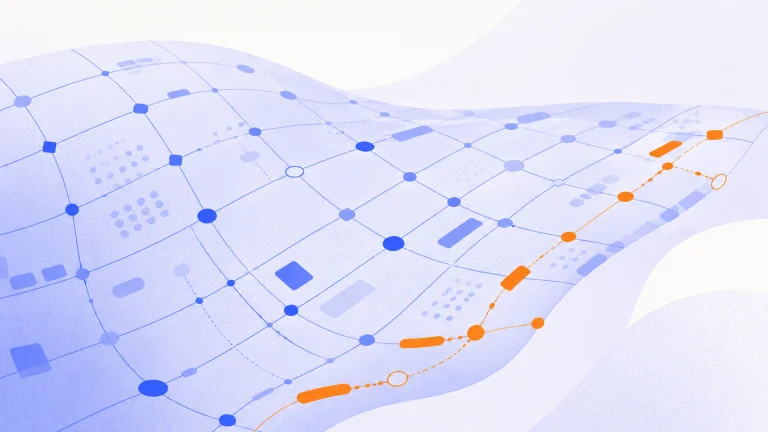 A flexible grid of nodes with an orange path running across it.