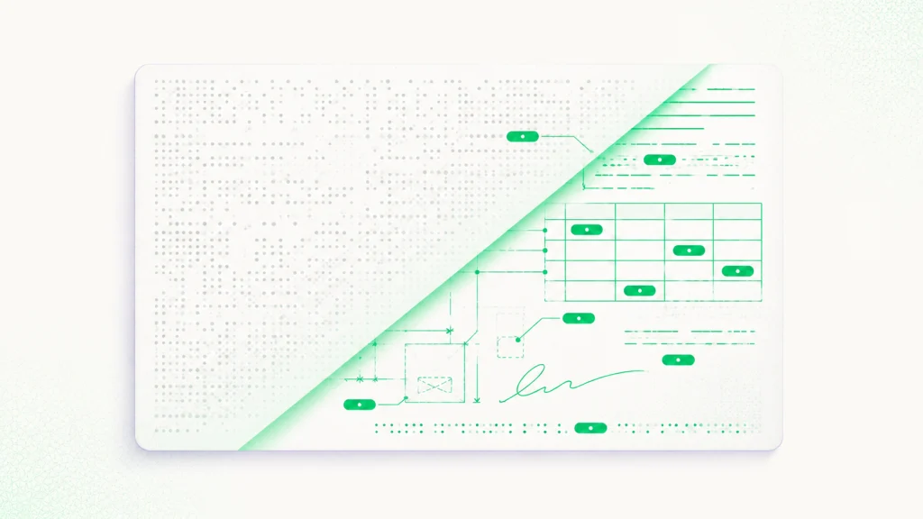 A scanned document split diagonally, with pixel noise on one side and detected text fields and tables on the other.