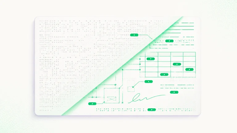 A scanned document split diagonally, with pixel noise on one side and detected text fields and tables on the other.