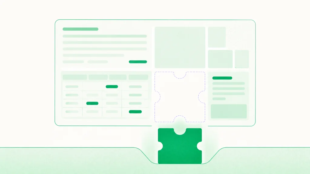 A dashboard with one missing piece, its matching green piece rising from below to complete it.