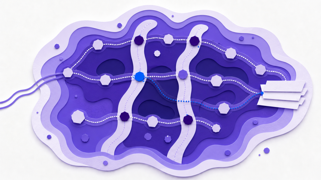 A layered deep-violet review atlas connects multiple condition points, highlighting one blue starting coordinate and a route to the next evidence bundle.