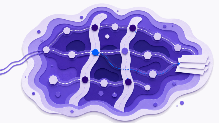 A layered deep-violet review atlas connects multiple condition points, highlighting one blue starting coordinate and a route to the next evidence bundle.