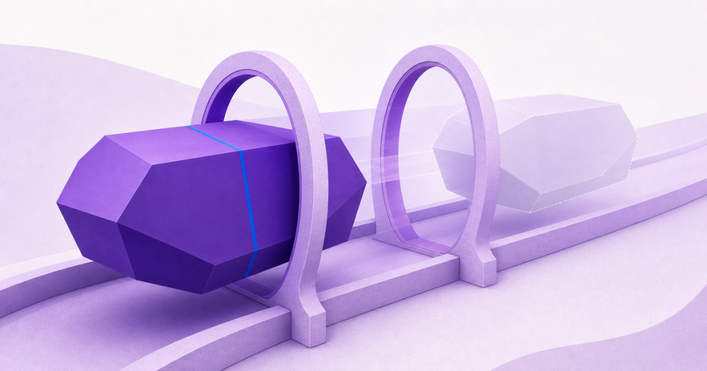 A purple pilot result passes through controlled calibration portals toward a reproducible production state.