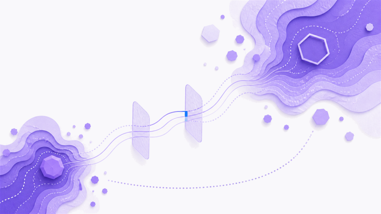Layered violet data terrain connected across a bounded transition from pilot conditions to a reproducible production state.