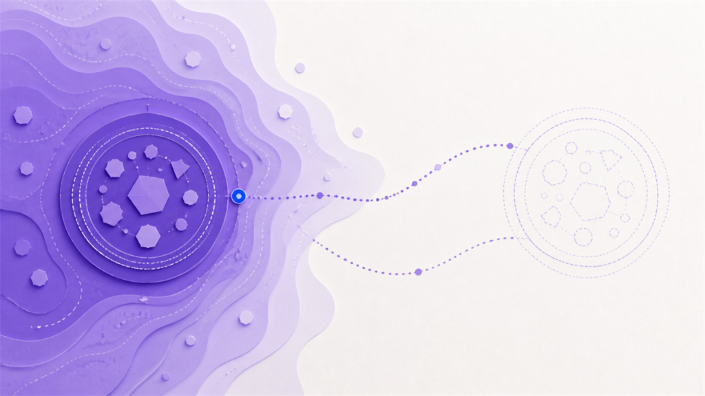 A layered violet data state sends a precise trace toward an open, ghosted future state for rebuild comparison.