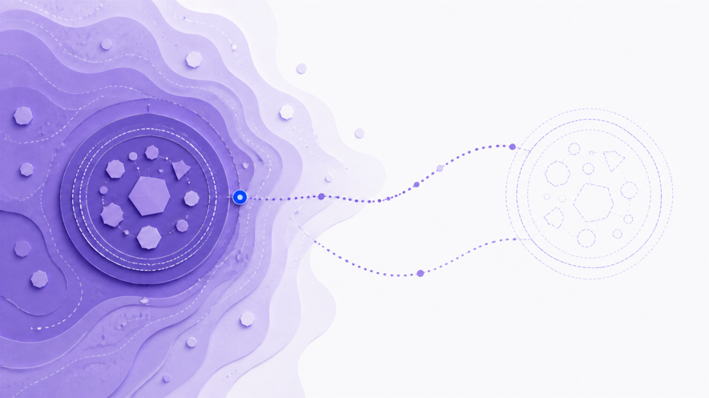 A layered violet data state sends a precise trace toward an open, ghosted future state for rebuild comparison.