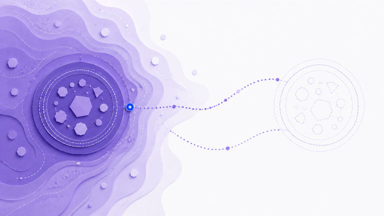 A layered violet data state sends a precise trace toward an open, ghosted future state for rebuild comparison.