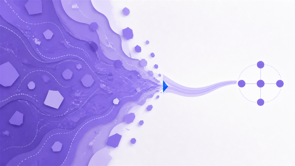 A layered violet field of complex enterprise data narrows through a blue transition seam into one organized path and a precise connected endpoint.