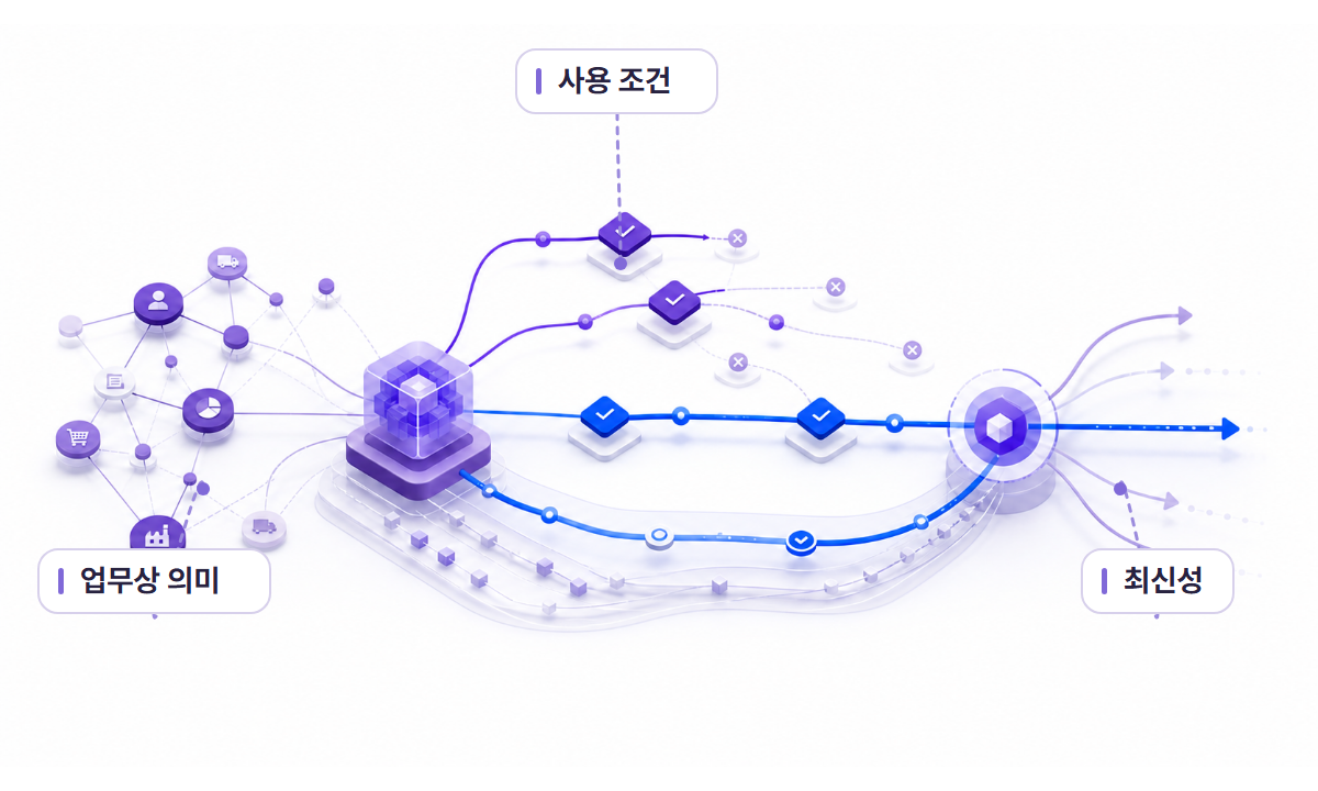 업무 의미, 사용 조건, 최신성이 에이전트 판단으로 이동하는 3D 인포그래픽