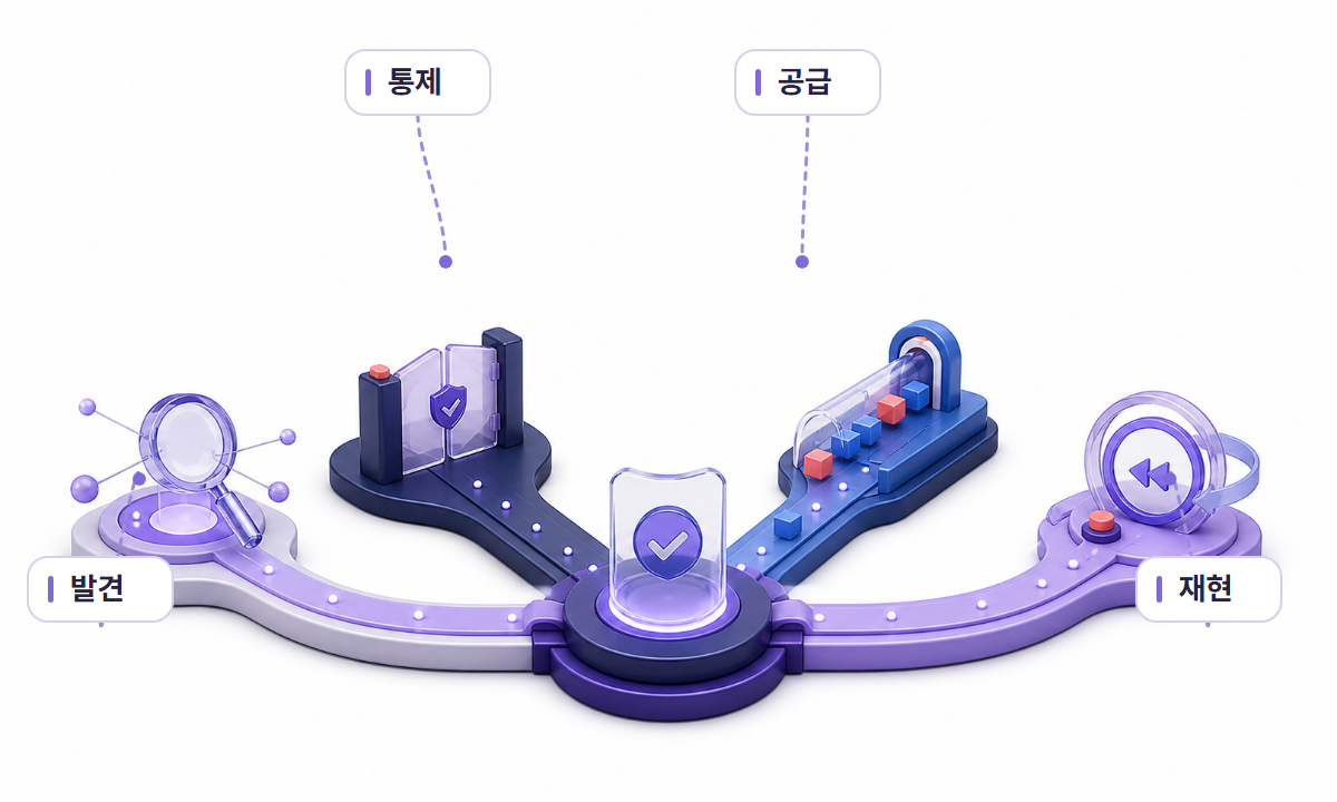 데이터 발견·이해, 접근·통제, 조회·공급, 실행 상태 추적·재현의 네 가지 평가 영역을 보여주는 3D 인포그래픽