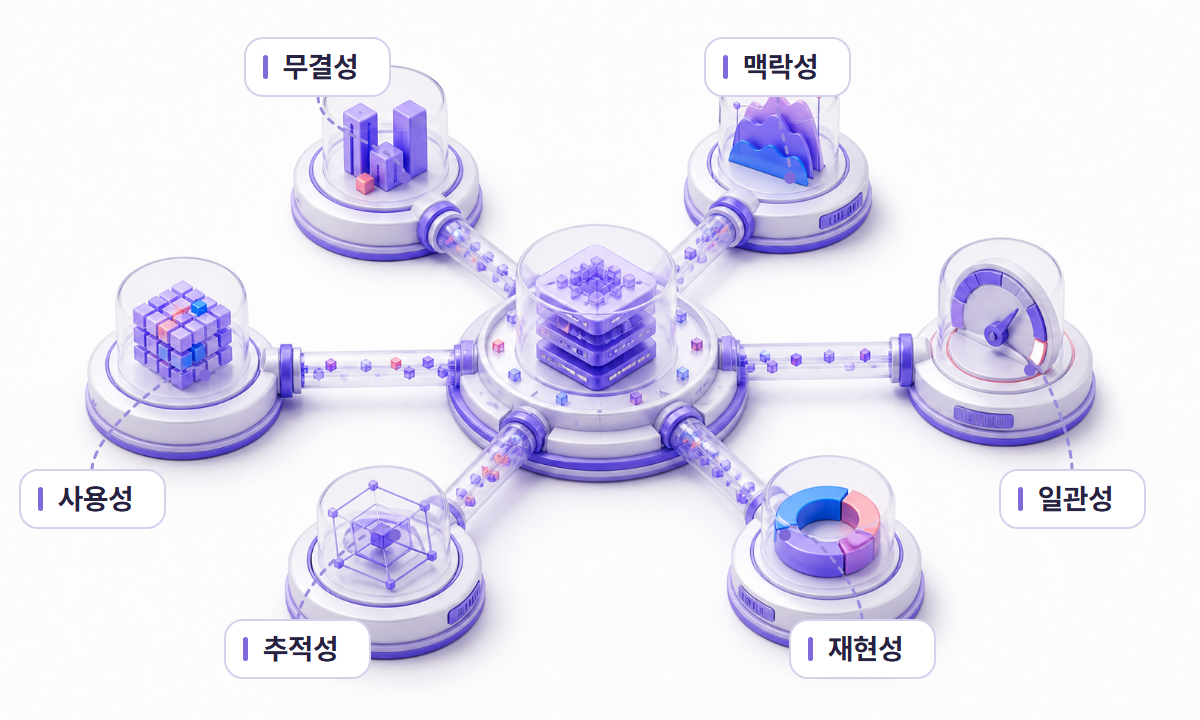 AI-Readiness 여섯 축을 독립적으로 평가하는 3D 인포그래픽