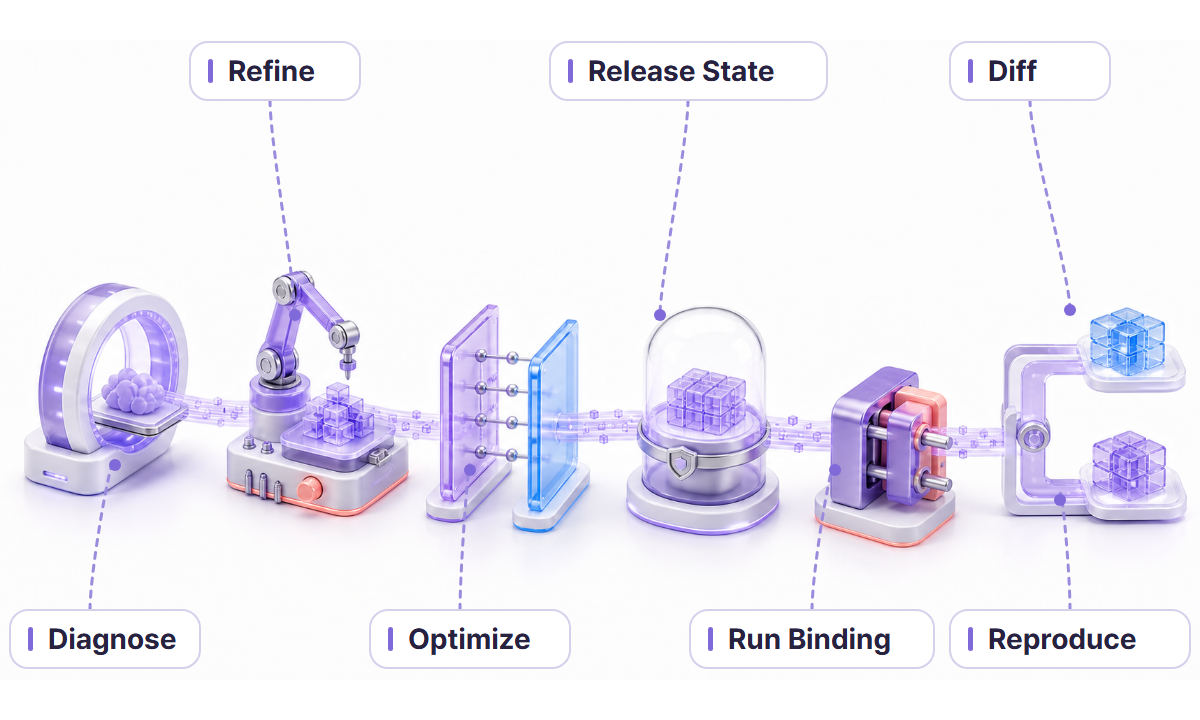 Diagnose, Refine, Optimize와 Release State, Run Binding, Diff, Reproduce로 이어지는 데이터 개선 및 운영 증거 흐름