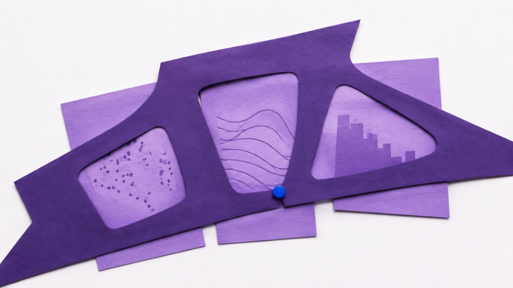 A deep-violet governance stencil reveals three operational evidence states, marked by one blue runtime decision point.