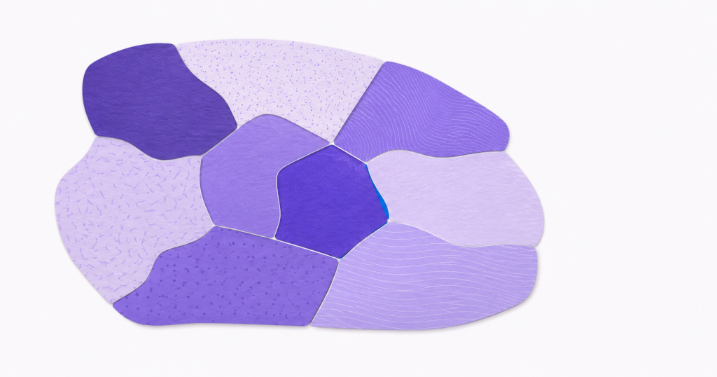 A violet operating mosaic representing enterprise data, rules, exceptions, and judgment becoming ready for one AI task.