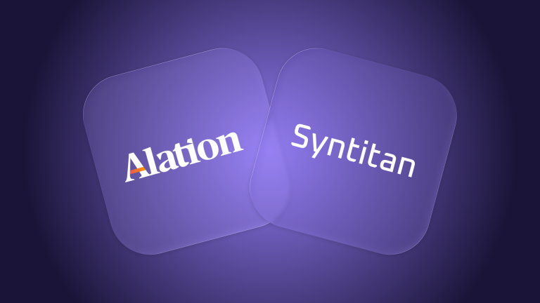 Alation and Syntitan wordmarks on overlapping purple panels, representing governed data intelligence and target-specific data-state evidence.