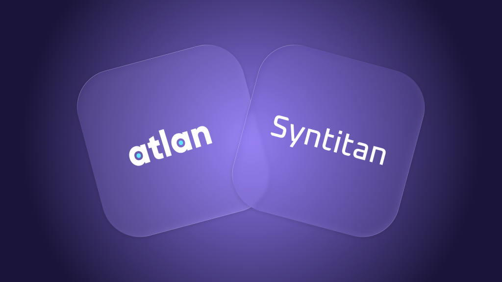 Atlan data catalog and Syntitan wordmarks on overlapping purple panels, representing governed context and AI-ready data evidence.