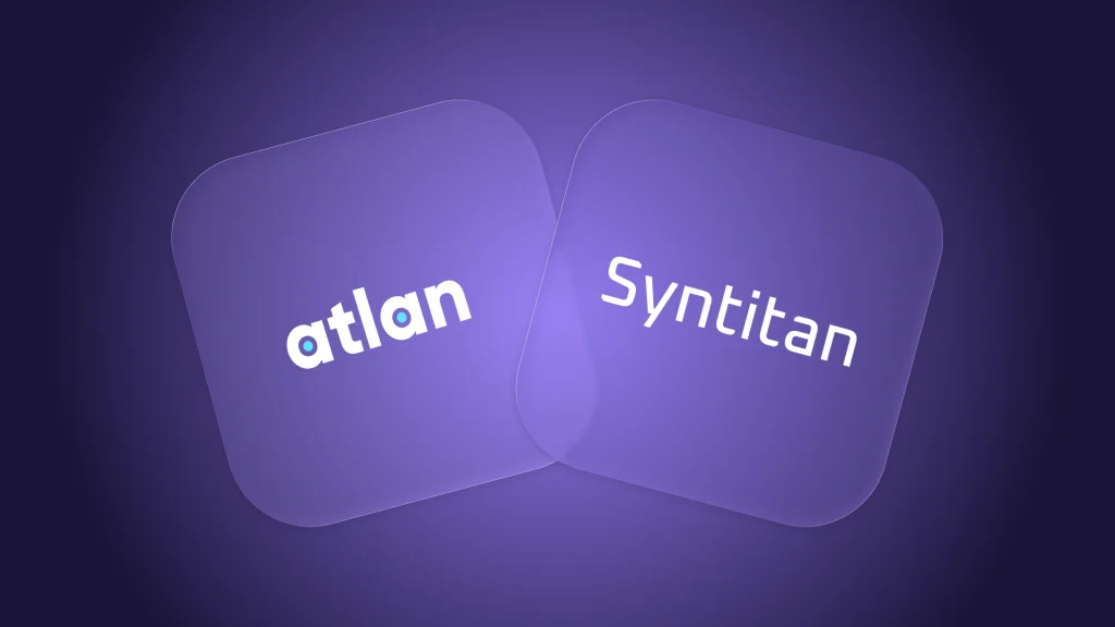 Atlan data catalog and Syntitan wordmarks on overlapping purple panels, representing governed context and AI-ready data evidence.