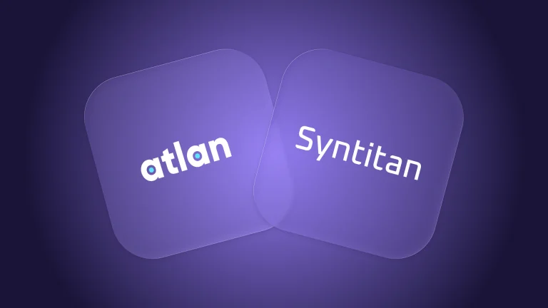 Atlan data catalog and Syntitan wordmarks on overlapping purple panels, representing governed context and AI-ready data evidence.