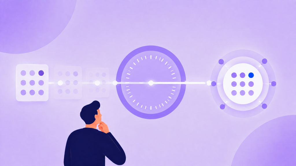 A reviewer watches an older model evaluation pass through a time-based checkpoint into a newly revalidated state.