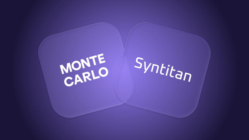 Monte Carlo and Syntitan wordmarks on overlapping violet panels