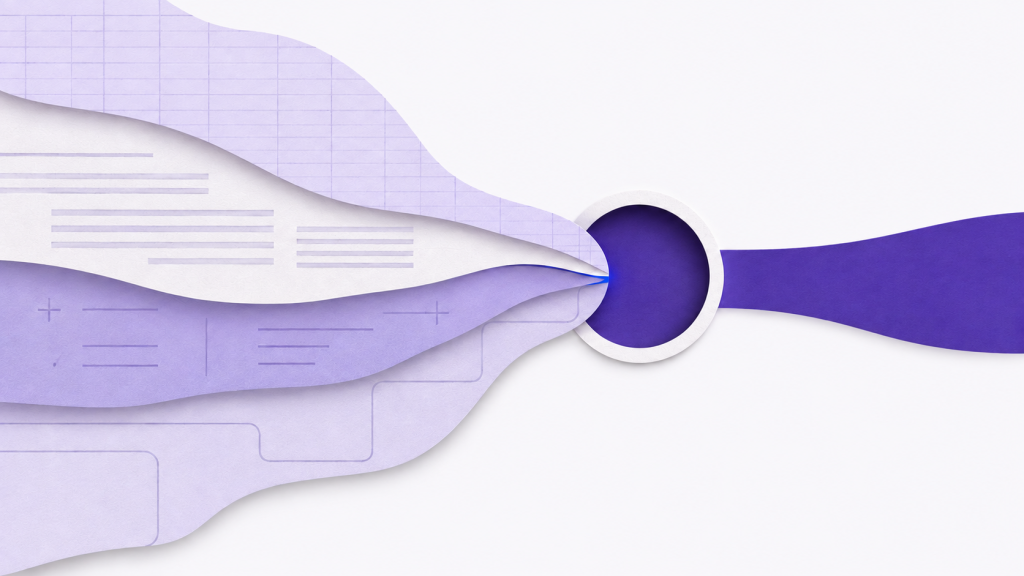 Layered enterprise working assets converge through a calibration aperture into a validated data state.